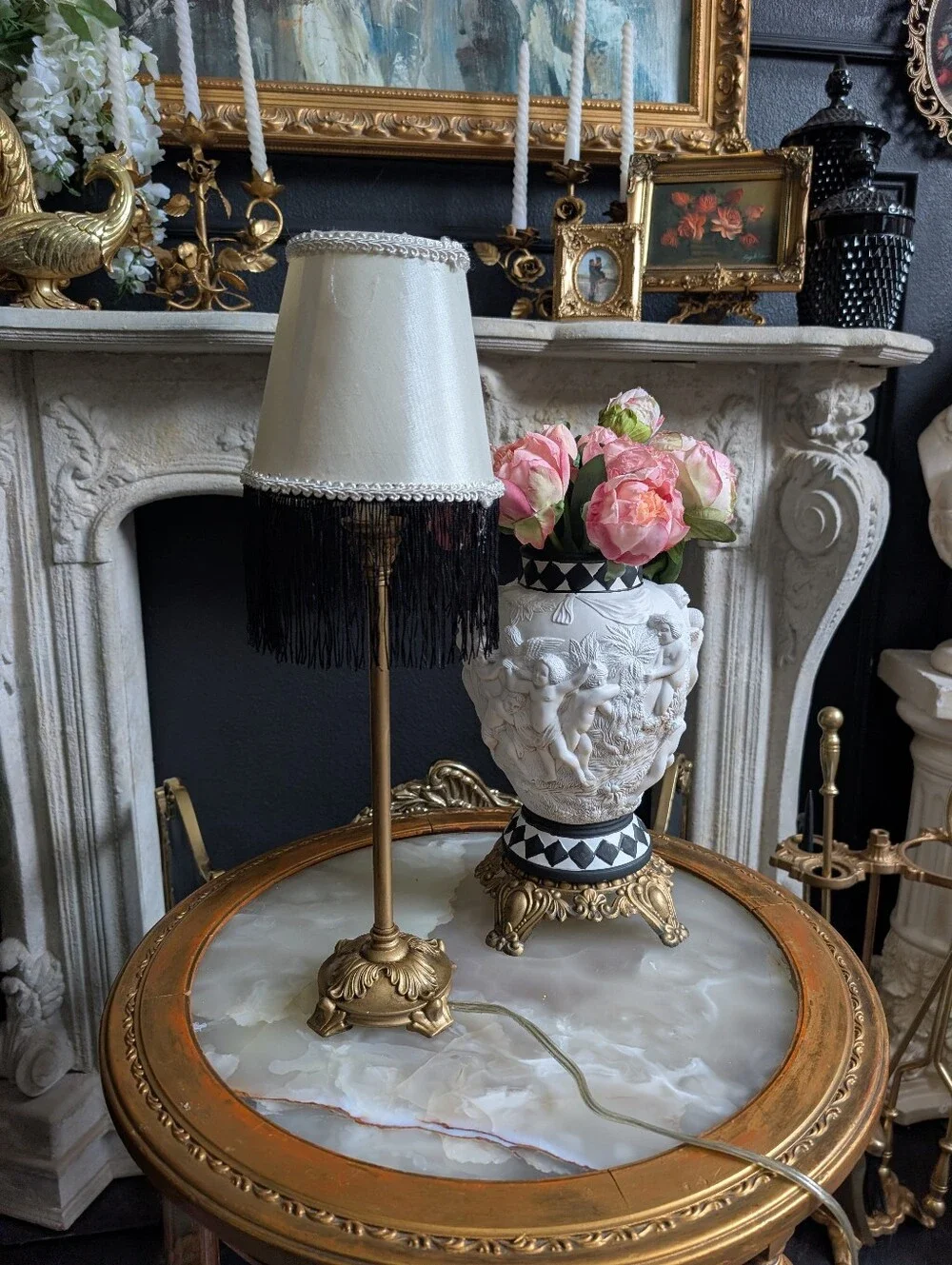 Vintage, Petite, Hollywood Regency Gold Boudoir Footed Table Lamp w/ Black Frin